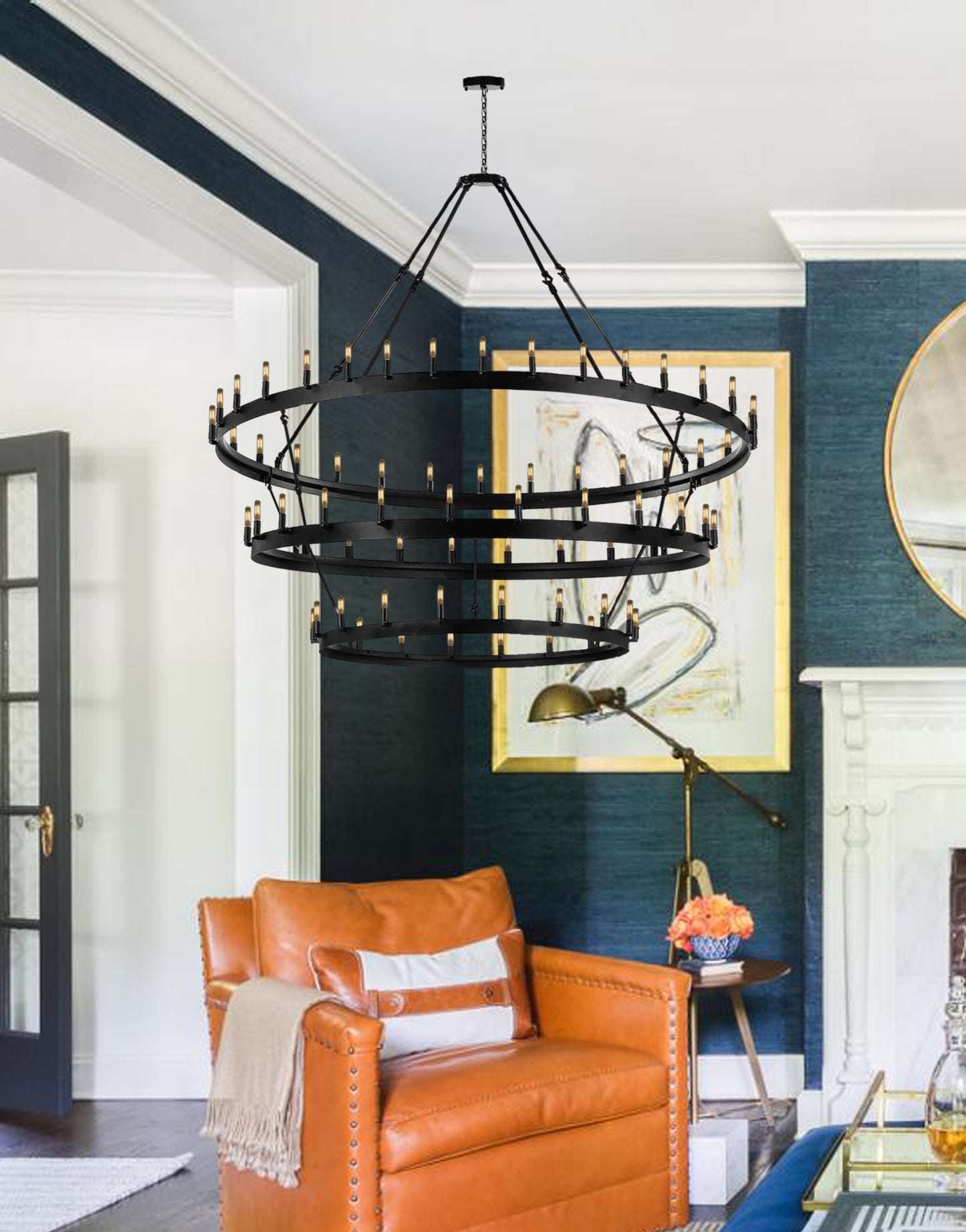 Wrought Iron Vintage Barn Metal Castile Three Tier Chandelier Chandeliers Industrial Loft Rustic Lighting W 70" H 66" - 199609001