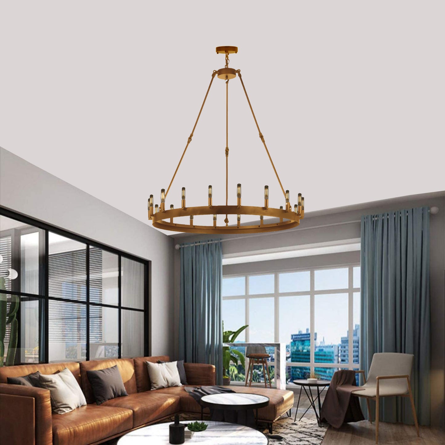 Wagon Wheel Chandelier Wrought Iron Vintage Barn Metal Castile One Tier Chandelier Industrial Loft Rustic Lighting Gold Finish W 38" H 40" - 199501803