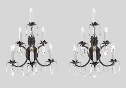 Set of 2 - Wrought Iron Wall Sconce Crystal Lighting 3 Tier Wall Sconces 