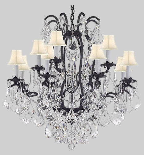 Wrought Iron Crystal Chandelier Chandeliers Lighting Dressed With High Quality Diamond Cut Crystal! Good for Dining Room, Foyer, Entryway, Family Room, Bedroom, Living Room and More! 
