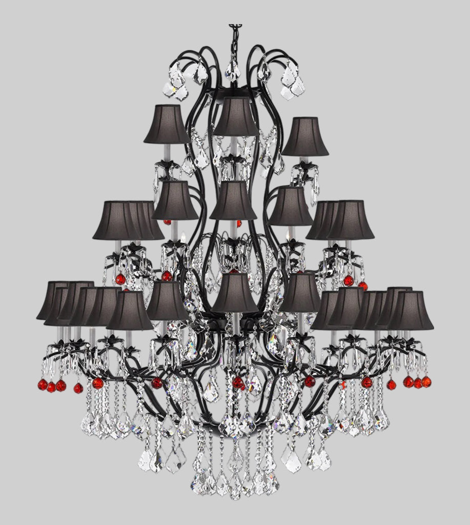 Large Wrought Iron Chandelier Chandeliers Lighting With Ruby Red Crystal Balls! Great for the Entryway, Foyer, Family Room, Living Room! w/ Black Shades