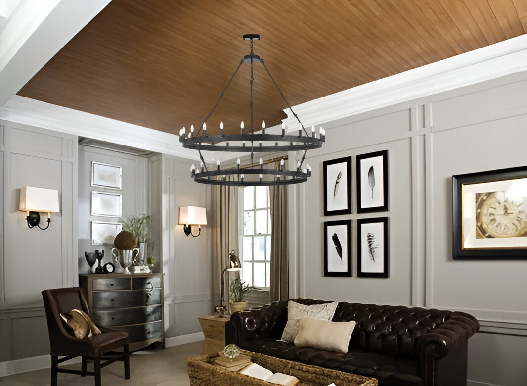 Charm in Layers Wrought Iron Vintage Barn Metal Castile Two-Tier Chandelier W 50" H 60" - Perfect for Living Rooms, Family Rooms, Foyers, and Beyond, Black - 199504201