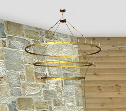 Wrought Iron Vintage Barn Metal Castile Three Tier Chandelier Industrial Loft Rustic Lighting W 86" in a Brushed Brass Finish Great for The Living Room, Dining Room, Foyer and Entryway, Family Room, and More - 199510803