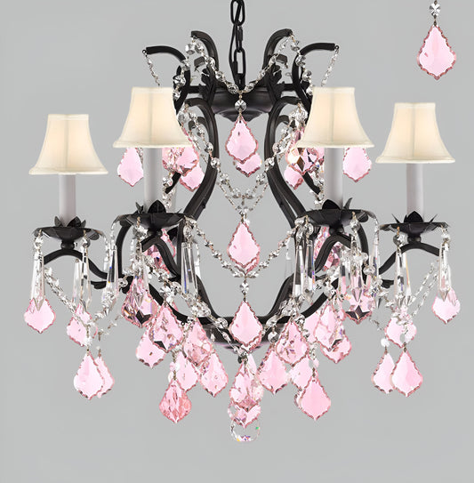 Wrought Iron Crystal Chandelier Lighting Chandeliers H19" x W20" Dressed with Swarovski Crystals and with Pink Crystals and White Shades! Great for Bedroom, Kitchen, Dining Room, Living Room, and more!