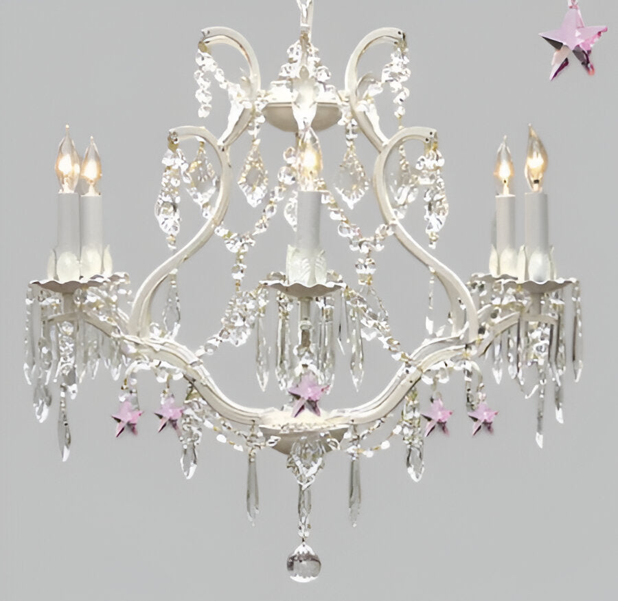 Wrought Iron &amp; Crystal Chandelier Authentic Empress Crystal(Tm) Chandelier With Pink Stars Nursery Kids Girls Bedrooms Kitchen Etc.