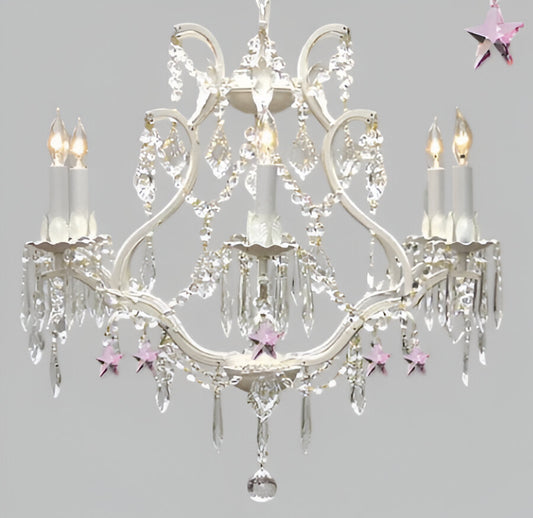 Wrought Iron &amp; Crystal Chandelier Authentic Empress Crystal(Tm) Chandelier With Pink Stars Nursery Kids Girls Bedrooms Kitchen Etc.