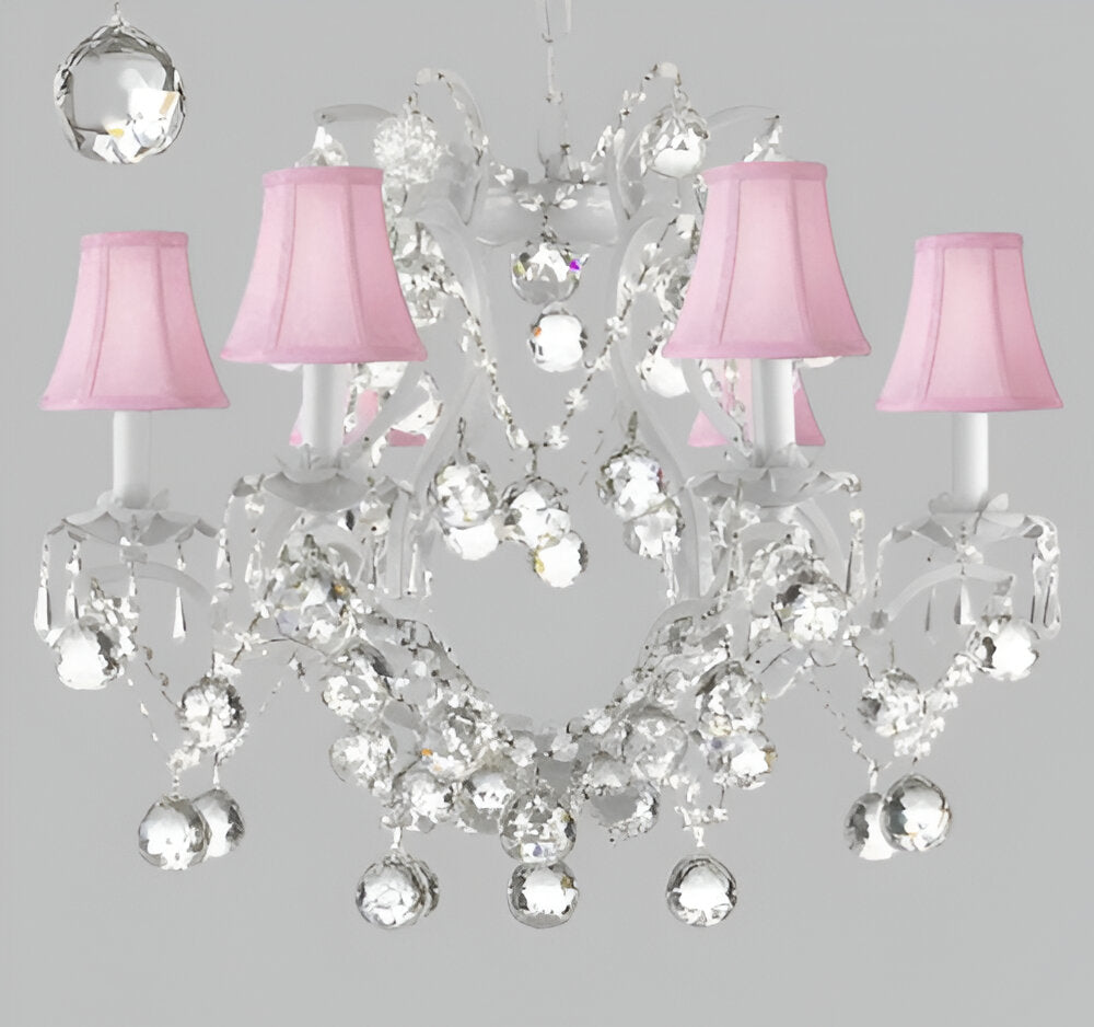 White Wrought Iron Crystal Chandelier Lighting Dressed With Feng Shui 40Mm Crystal Balls And Pink Shades