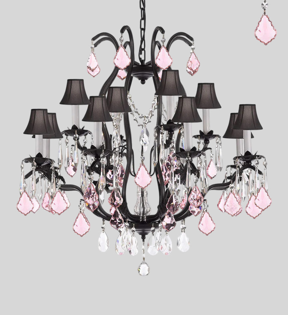 Wrought Iron Crystal Chandelier Lighting Chandeliers H30" x W28" Dressed with Swarovski Crystals & with Pink Crystals and Black Shades! Great for Bedroom, Kitchen, Dining Room, Living Room, and more