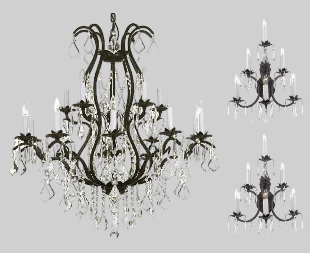 Wrought Iron Wall Sconce Crystal Lighting 3 Tier Wall Sconces W16 x H24 and 1 Wrought Iron Chandelier Crystal Chandeliers Lighting