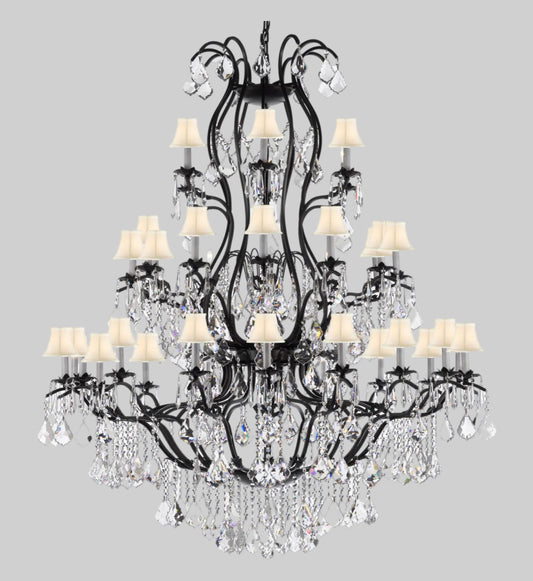 Swarovski Crystal Trimmed Chandelier Large Foyer / Entryway Wrought Iron Chandelier Lighting With Crystal And White Shade