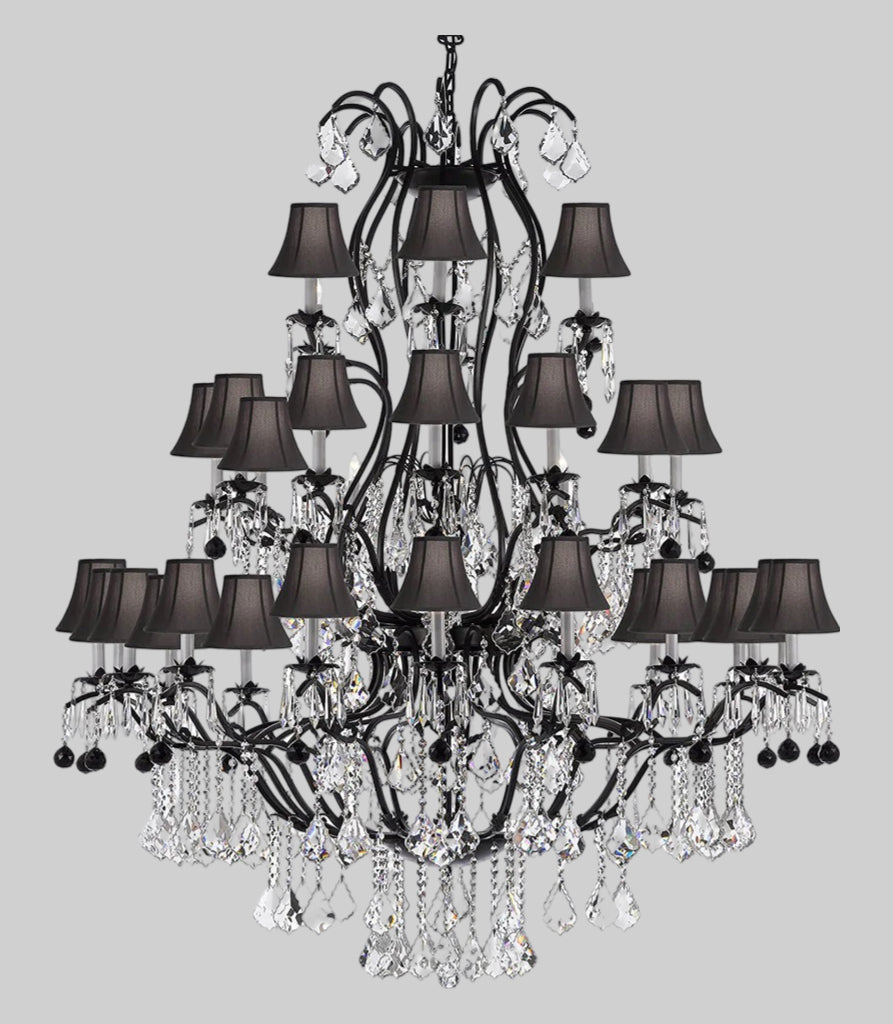 Large Wrought Iron Chandelier Chandeliers Lighting With Jet Black Crystal Balls! Great for the Entryway, Foyer, Family Room, Living Room! w/ Black Shades