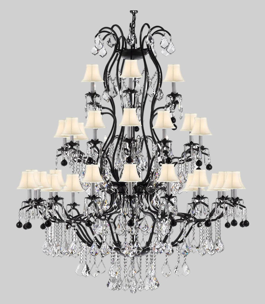 Large Wrought Iron Chandelier Chandeliers Lighting With Jet Black Crystal Balls!&nbsp; Great for the Entryway, Foyer, Family Room, Living Room! w/White Shades