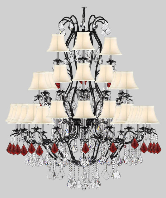 Large Wrought Iron Chandelier Chandeliers Lighting With Ruby Red Crystals! Great for the Entryway, Foyer, Family Room, Living Room! w/White Shades