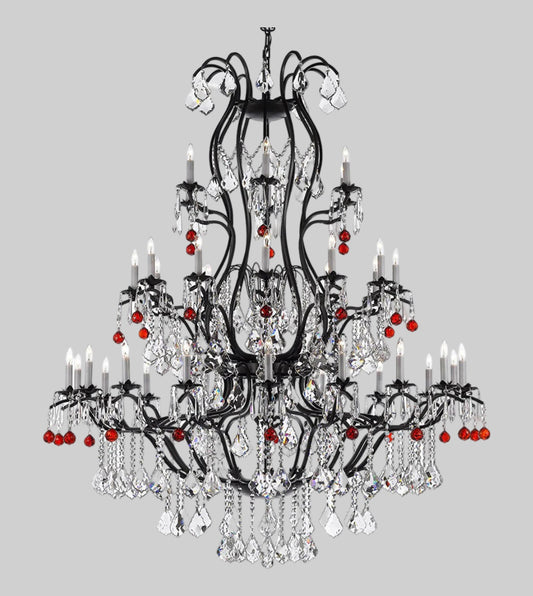 Large Wrought Iron Chandelier Chandeliers Lighting With Ruby Red Crystal Balls! Great for the Entryway, Foyer, Family Room, Living Room!