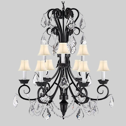 Wrought Iron (Tm) Chandelier Tall With Crystal And Shades Trimmed With Spectra (Tm) Crystal - Reliable Crystal Quality By Swarovski