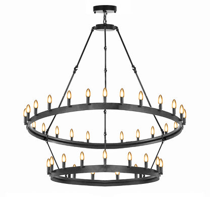 Discover the timeless charm of the Wrought Iron Vintage Barn Metal Castile Two Tier Chandelier perfect blend of industrial loft aesthetics and rustic allure.