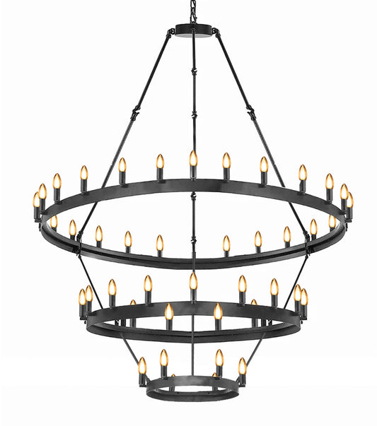 Elevate your interior with the enchanting glow of the Wrought Iron Vintage Barn Metal Castile Three Tier Chandelier. This stunning chandelier, designed for industrial loft and rustic settings, features a three-tiered arrangement that adds a touch of grandeur to your space. With a size of W38" x H65" and a total of 36 lights, it becomes a focal point of brilliance in any room.