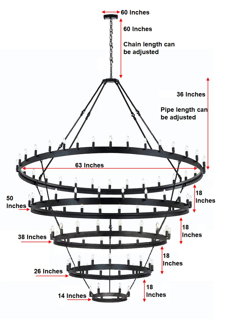 Grand Illumination Wrought Iron Vintage Barn Metal Castile Five-Tier Chandelier for Industrial Loft Spaces (W 63" H 87") - 199509001