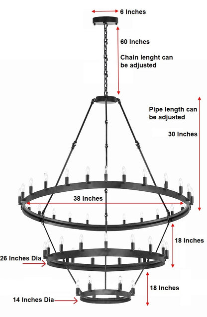 Timeless Elegance Wrought Iron Vintage Barn Metal Castile Three-Tier Chandelier for Industrial Loft Spaces (W 38" H 65") - 199503601