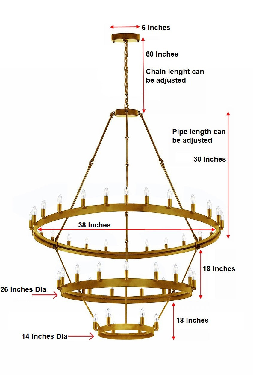 Timeless Elegance Wrought Iron Vintage Barn Metal Castile Three-Tier Chandelier for Industrial Loft Spaces Gold Finish (W 38" H 65") - 199503603