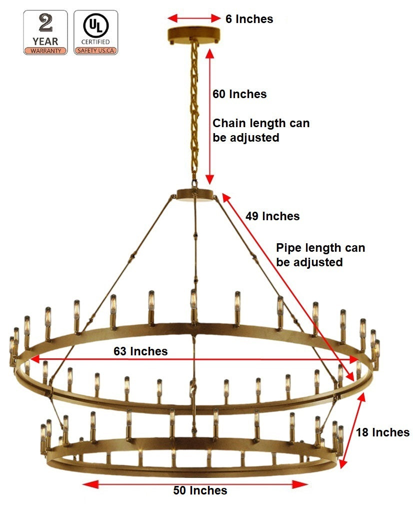 Vintage Elegance Wrought Iron Castile Two-Tier Chandelier (W 63" H 60") in Brushed Brass Finish - Ideal for Living Rooms, Dining Rooms, Foyers, Entryways, Family Rooms, and More